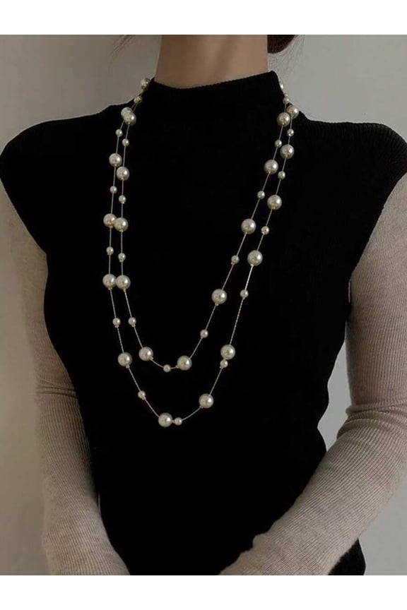 Grey Silver Chain Women Multi-Strand Pearl Necklace, Elegant Long Sweater Chain for Formal Collar Outfit