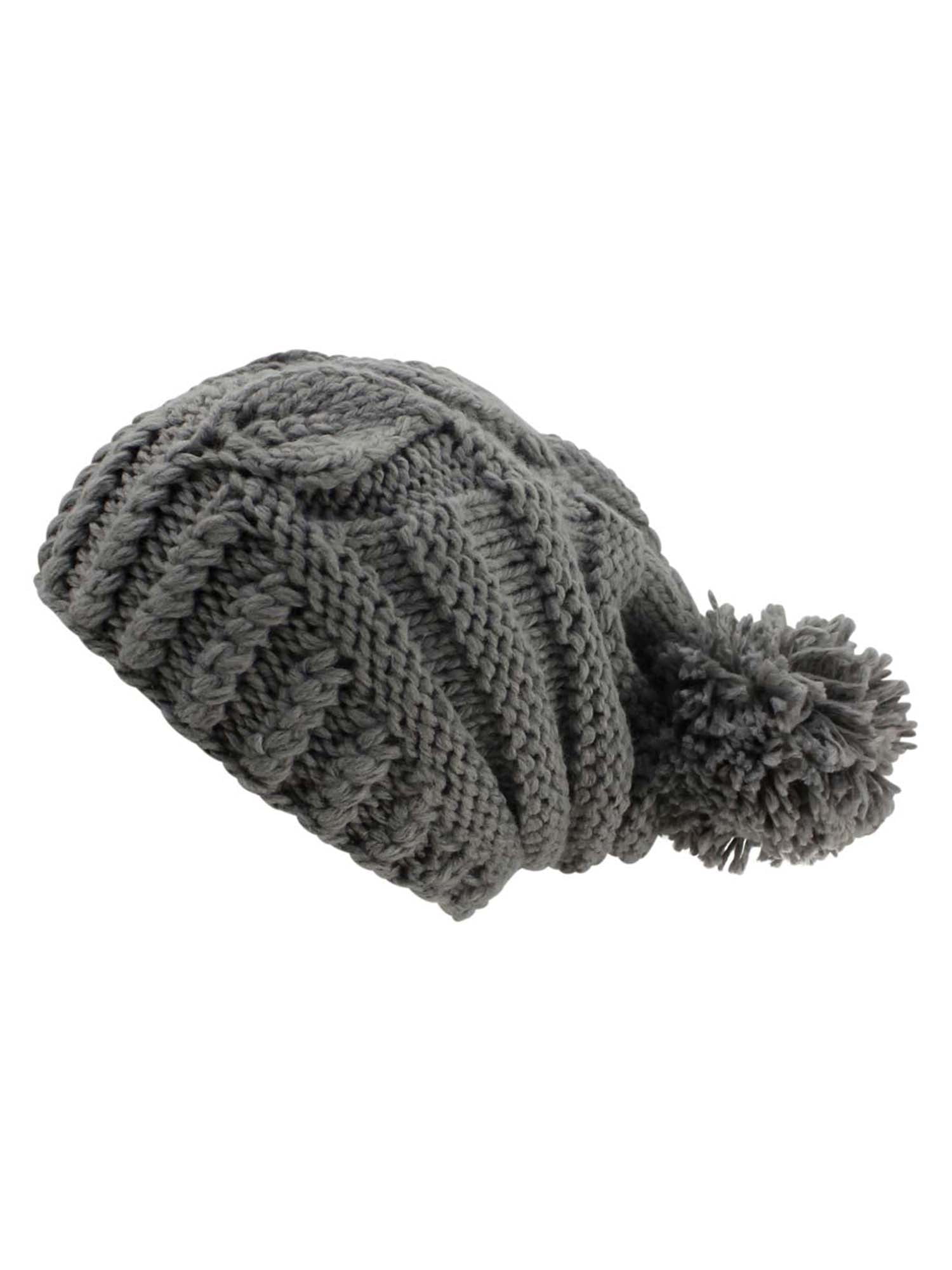 Grey Slouchy Winter Hat Knit Pom Pom With Cable Beanie