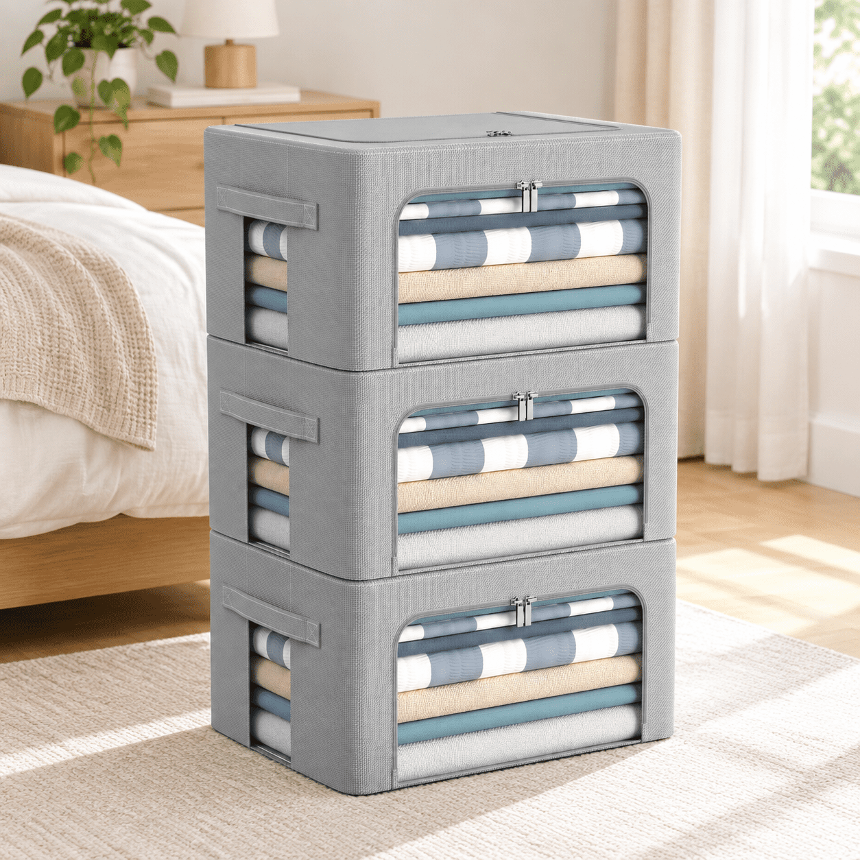 Stackable Paper Storage Containers Grey Small-22L 3-Pack Oxford Fabric Foldable Stackable Storage ...