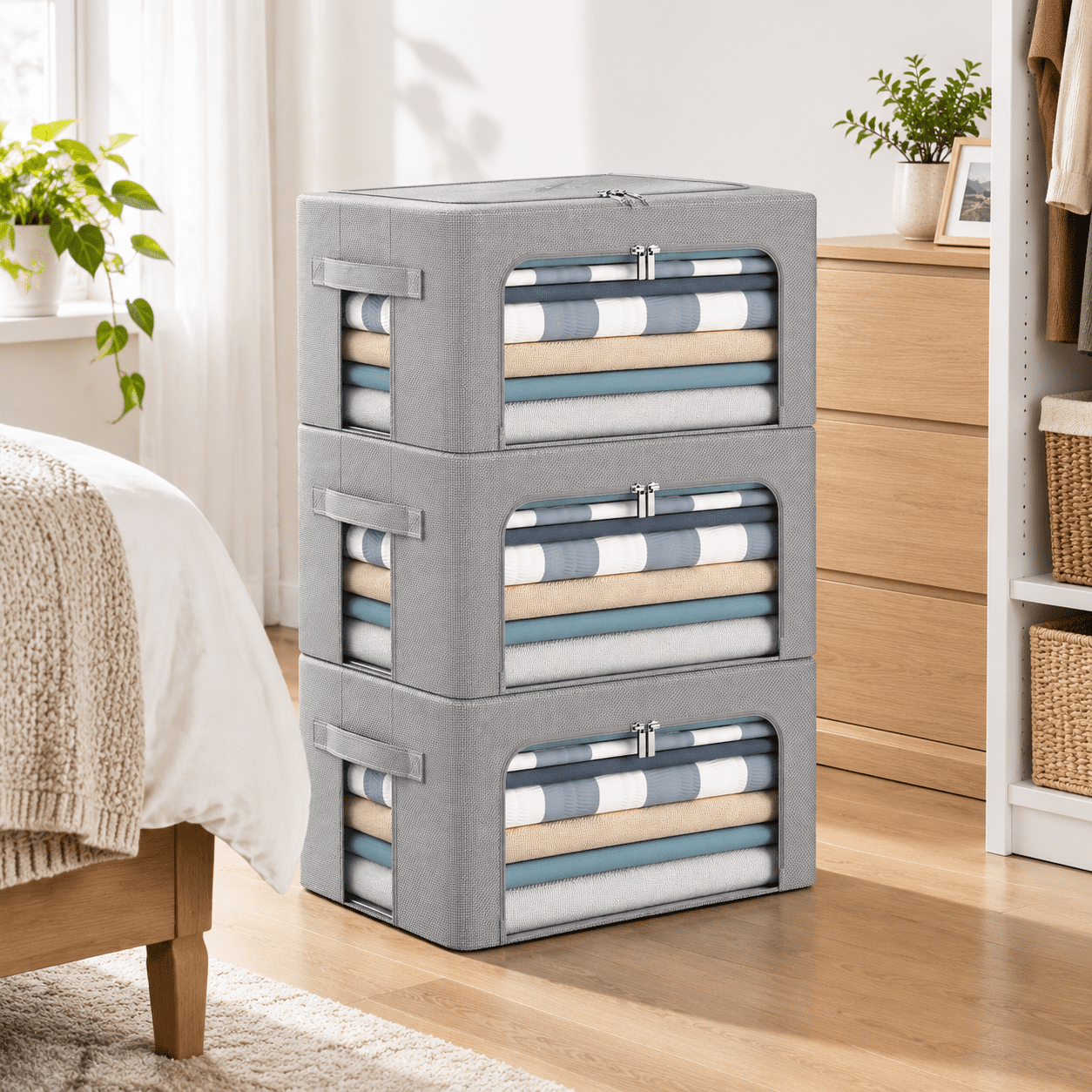 Grey Small-22L 3-Pack Oxford Fabric Foldable Stackable Storage ...
