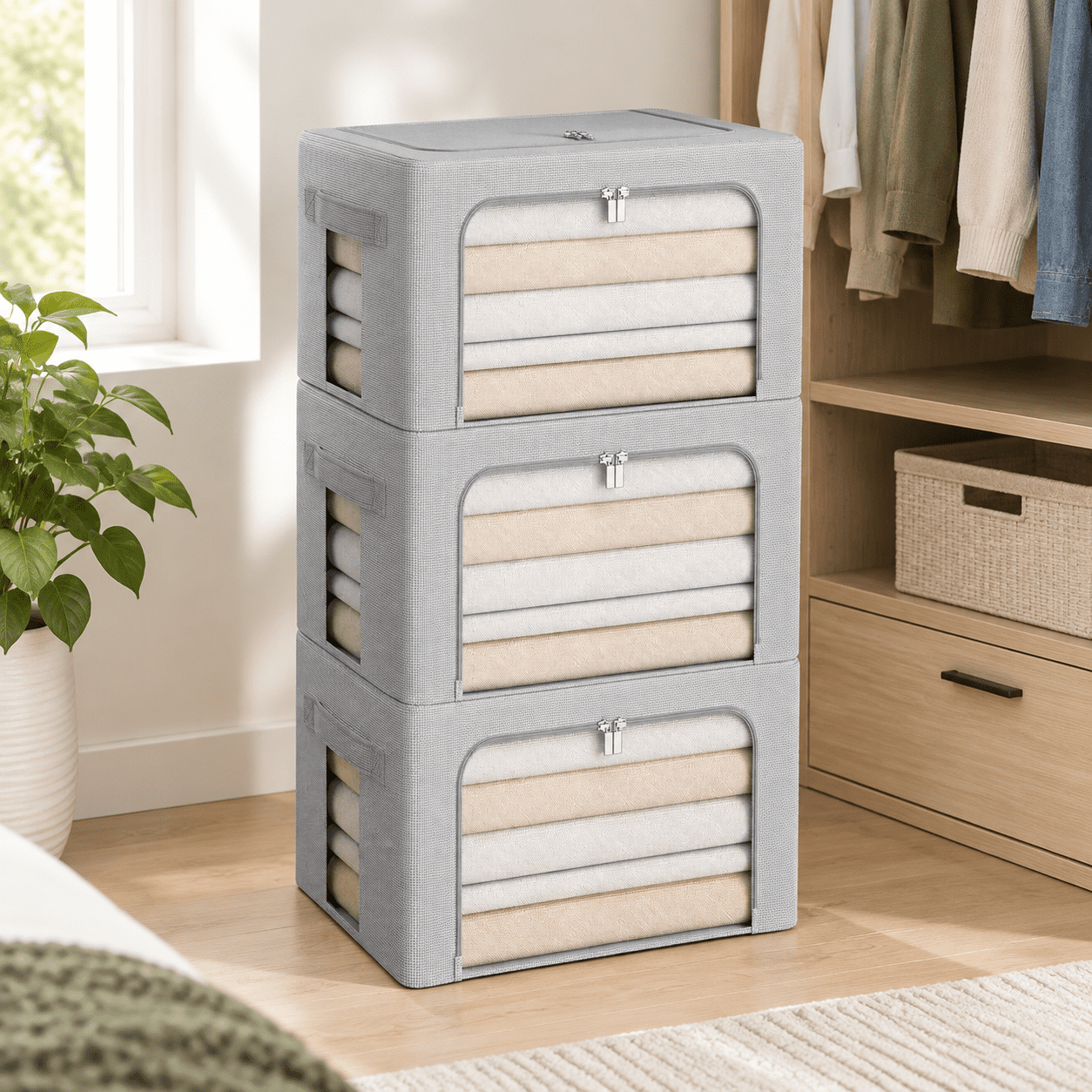 Grey Small-36L 3-Pack Oxford Fabric Foldable Stackable Storage ...
