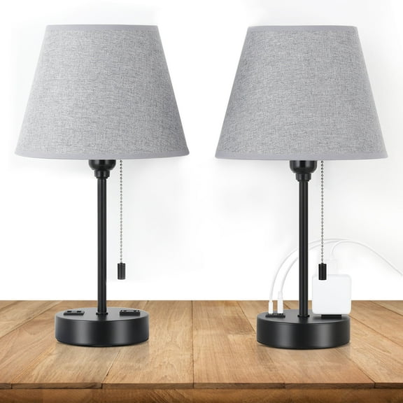 Grey Small Bedside Table Lamp with Charging Outlets Desk Lamp for Living Room