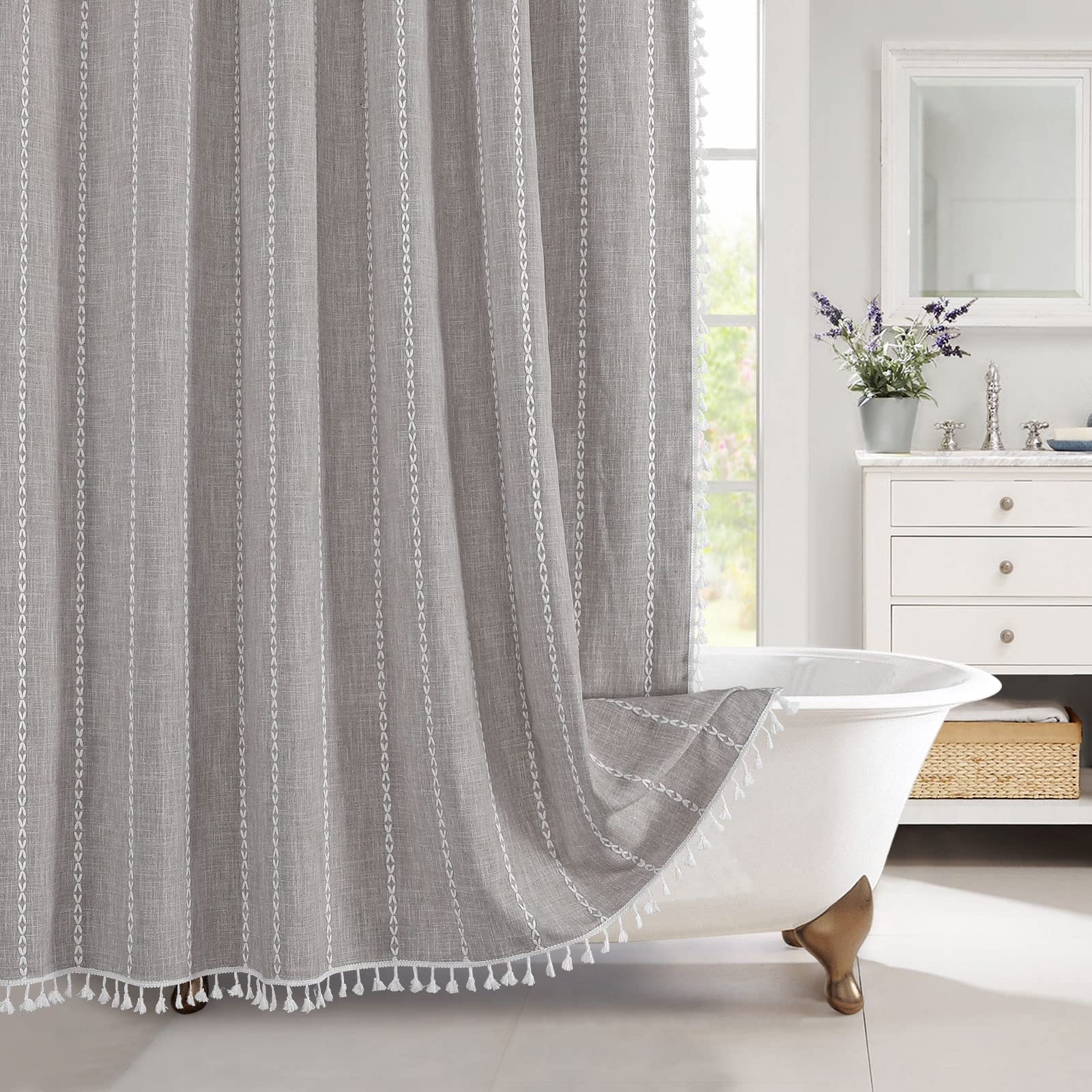 Grey Small Stall Shower Curtain 36 x 72, Half Size Narrow Cotton Linen Fabric Shower Curtains for Boho Farmhouse Bathroom Decor, Wrinkle Resistant Cloth Shower Curtain