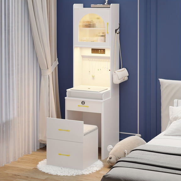 Grey Small Vanity Desk with Mirror & Lights, Compact Makeup Vanity with Drawers, Charging Station & Motion Sensor, Mini Corner Dressing Table Set for Bedroom Small Space