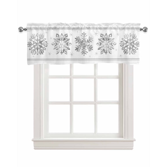 Grey Snowflake Christmas Linen Curtain Valance for Bedroom/Bathroom/Kitchen/Office/Living/Dining Room Window,Xmas Winter Snowflake Gray Striped Rod Pocket Topper Decorative Cafe Drapes Panel 42"x18"
