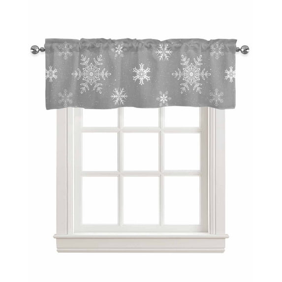 Grey Snowflake Christmas Linen Curtain Valance for Bedroom/Bathroom/Kitchen/Office/Living/Dining Room Window,White Winter Snowflake Xmas Rod Pocket Topper Decorative Cafe Drapes Panel 42"x12"