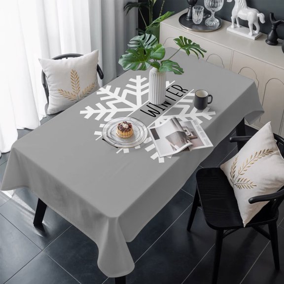 Grey Snowflake Christmas Table Cloth Waterproof Tablecloths, Hello Winter Snowflake Tablecloth Dining Table Cover for Kitchen Party Tabletop Outdoor, Rectangle Tablecloth 60x120 Inch