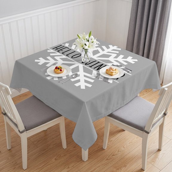 Grey Snowflake Christmas Table Cloth Waterproof Tablecloths, Hello Winter Snowflake Tablecloth Dining Table Cover for Kitchen Party Tabletop Outdoor, Square Tablecloth 54x54 Inch