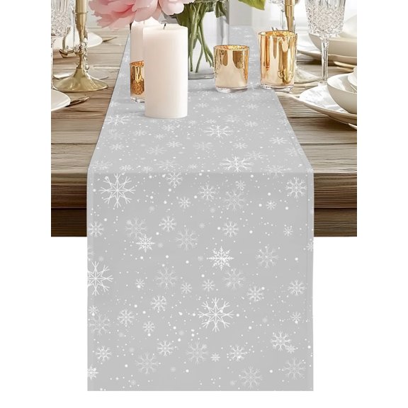 Grey Snowflake Christmas Table Runners 36 Inches Long Winter Scenes Wonderland Kitchen Dining Table Runner Dresser Scarves for Party Coffee Holiday Party Decor