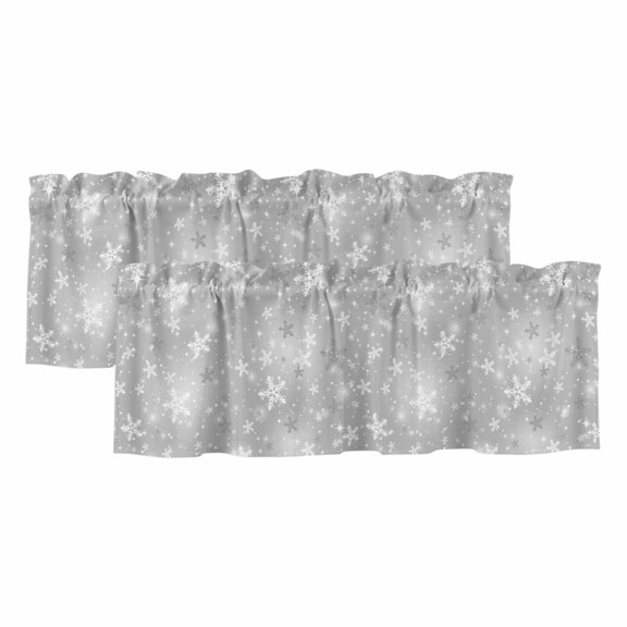 Grey Snowflake Christmas Valances for Windows, Decorative Rod Pocket Window Valance Curtains, Winter Xmas Snowflake Gray Modern Art Curtain Drapes for Kitchen/Living Room, 2 Panels, 42" W x 12" L
