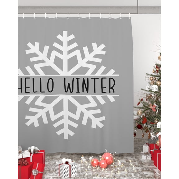 Grey Snowflake Christmas Waterproof Fabric Shower Curtain, Hello Winter Snowflake Shower Curtain for Bathroom Curtains Bathtubs Hotel Washable Shower Curtains with 12 Hooks Standard 72x72
