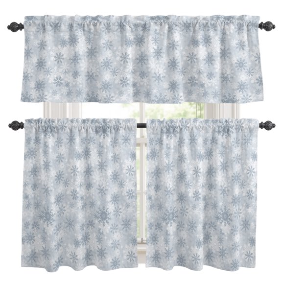 Grey Snowflake Kitchen Curtains, Kitchen Curtains and Valances Set of 3, Christmas Snowflake Gray White Light Filtering Tailored Tier Curtain 36 Inch Length Drapes for RV Cafe Bathroom Bedroom