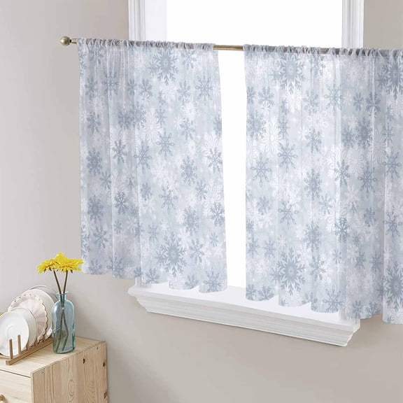 Grey Snowflake Sheer Curtains 54 Inches Length 2 Panels Set, Window Sheer Curtains for Living Room/Bedroom, Christmas Snowflake Gray White Light Filtering Rod Pocket Curtain 52'' x 54'' x 2