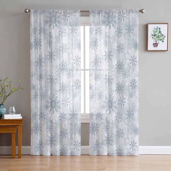 Grey Snowflake Sheer Curtains 96 Inches Long 2 Panels Set, Window Sheer Curtains for Living Room/Bedroom, Christmas Snowflake Gray White Light Filtering Rod Pocket Curtain 52'' x 96'' x 2
