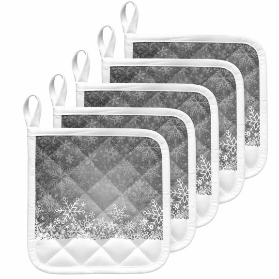 Grey Snowflakes Christmas Pot Holders for Kitchen Heat Insulation Potholder, Winter Holiday Xmas Snowflake Kitchen Pot Holders Sets Washable Oven Hot Pads Cloth Trivet for Cooking Baking 5 Pack