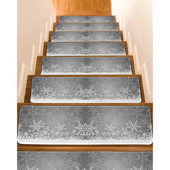 Grey Snowflakes Christmas Stair Treads for Wooden Steps Indoor Runner Rug Carpet, Winter Holiday Xmas Snowflake 7 Pieces Peel and Stick Staircase Step Treads Covers Washable Throw Door Mats, 30"x8"