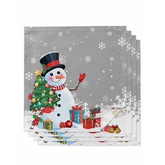 Grey Snowman Christmas Cloth Napkins Set of 4 Reusable Dinner Napkins, Gifts Xmas Tree Winter Snowflake Cocktail Napkin Washable Table Napkins for Wedding/Holiday Party/Baby Shower 20"x20"