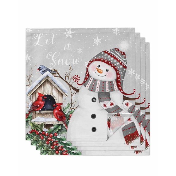 Grey Snowman Christmas Cloth Napkins Set of 4 Reusable Dinner Napkins, Xmas Snowflake Birds Berry Winter Cocktail Napkin Washable Table Napkins for Wedding/Holiday Party/Baby Shower 20"x20"
