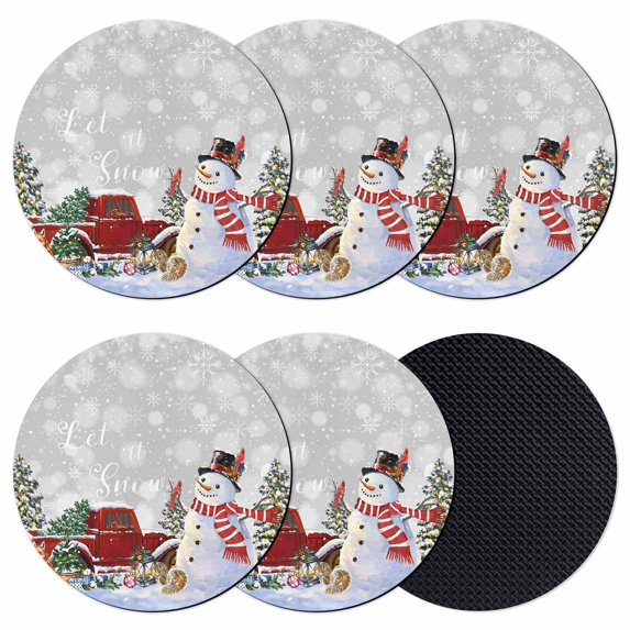 Grey Snowman Christmas Coasters Set of 6, Absorbent Coasters for Drinks, Snowflake Red Truck Xmas Tree Gifts Coaster for Desk Coffee Table Protection, Home Decor House Warming Gifts 4"