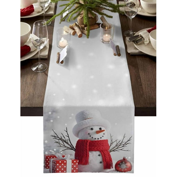 Grey Snowman Christmas Cotton Linen Table Runner for Dining Kitchen, Xmas Snowflake Balls Gifts Wedding Outdoor Party Tablerunners Decoration, Dresser Scarf Coffee Tablecloth Runners 13x60 Inches