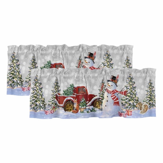 Grey Snowman Christmas Curtain Valances for Windows, Kitchen Valance Window Treatments Panel 2 Pack, Snowflake Red Truck Xmas Tree Gifts Rod Pocket Short Curtains for Bathroom Bedroom 60 x 18 Inch