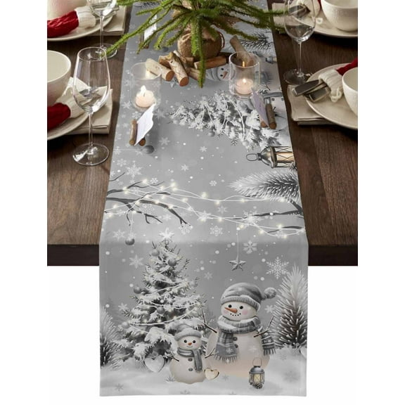 Grey Snowman Christmas Dresser Scarf Farmhouse, Dining Table Decorations for Wedding/Parties, Xmas Tree Snowflake Branches Winter Table Runner 36 Inches Long for Kitchen Dining, 13 x 36 In