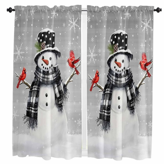 Grey Snowman Christmas Kitchen Curtain 2 Panels Curtains 63 Inch Length, Xmas Snowflake Birds Curtains Rod Pocket Curtains Window Drapes Treatment Window Cafe Curtains