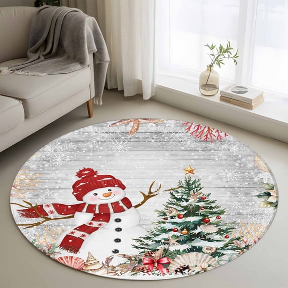 Grey Snowman Christmas Round Area Rug 4Ft Washable Circle Rugs for Bedroom Dining Room, Xmas Tree Coastal Snowflake Starfish Non-Slip Carpet Floor Mats Indoor Outdoor Carpet Runner Home Decor