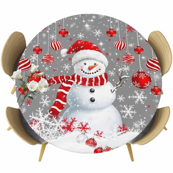 Grey Snowman Christmas Round Tablecloth, Fitted Table Cover with Elastic for 36"-44" Round Tables, Xmas Balls Snowflake Table Cloth Outdoor Indoor Dinning Party Waterproof Tablecloths