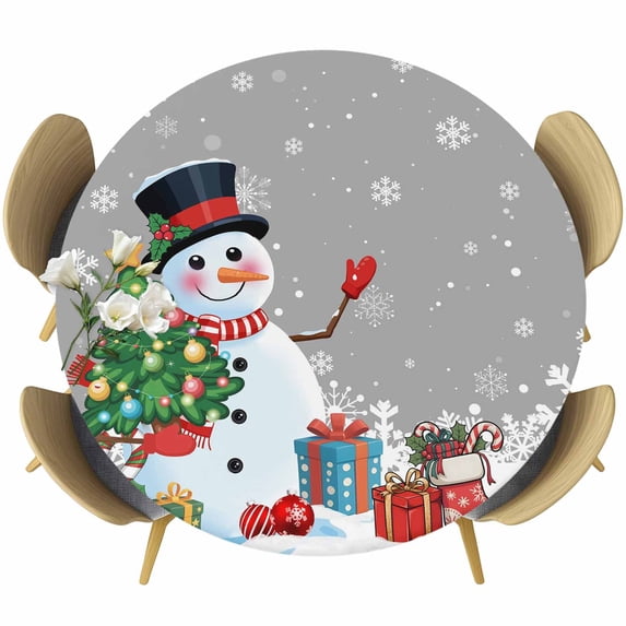 Grey Snowman Christmas Round Tablecloth, Fitted Table Cover with Elastic for 45"-54" Round Tables, Gifts Xmas Tree Winter Snowflake Table Cloth Outdoor Indoor Dinning Party Waterproof Tablecloths