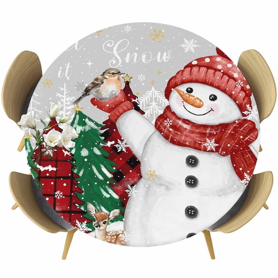 Grey Snowman Christmas Round Tablecloth, Fitted Table Cover with Elastic for 45"-54" Round Tables, Snowflake Xmas Tree Winter Elk Table Cloth Outdoor Indoor Dinning Party Waterproof Tablecloths