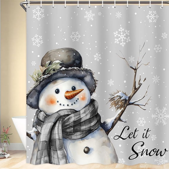 Grey Snowman Christmas Shower Curtain,Xmas White Snowflake Grey Plaid Snowman Scarf Polyester Shower Curtains,Waterproof Fabric Shower Curtain Set with Hooks, 72X72in