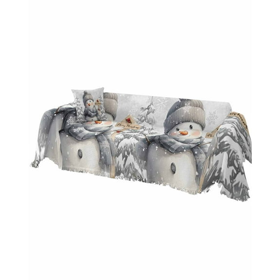 Grey Snowman Christmas Sofa Covers for 3 Cushion Couch, Washable Sectional & L Shape Couch Covers for Dogs/Cats/Kids, Xmas Snowflake Tree Gray Non Slip Sofa Slipcover Futon Cover 71''x150''