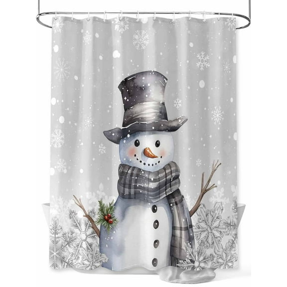 Grey Snowman Christmas Stall Shower Curtain, Waterproof Shower Curtains for Bathroom, Xmas Berry Winter Snowflake Washable Fabric Cloth Bath Curtain for Bathtub Decoration with Hooks 36x72 Inches