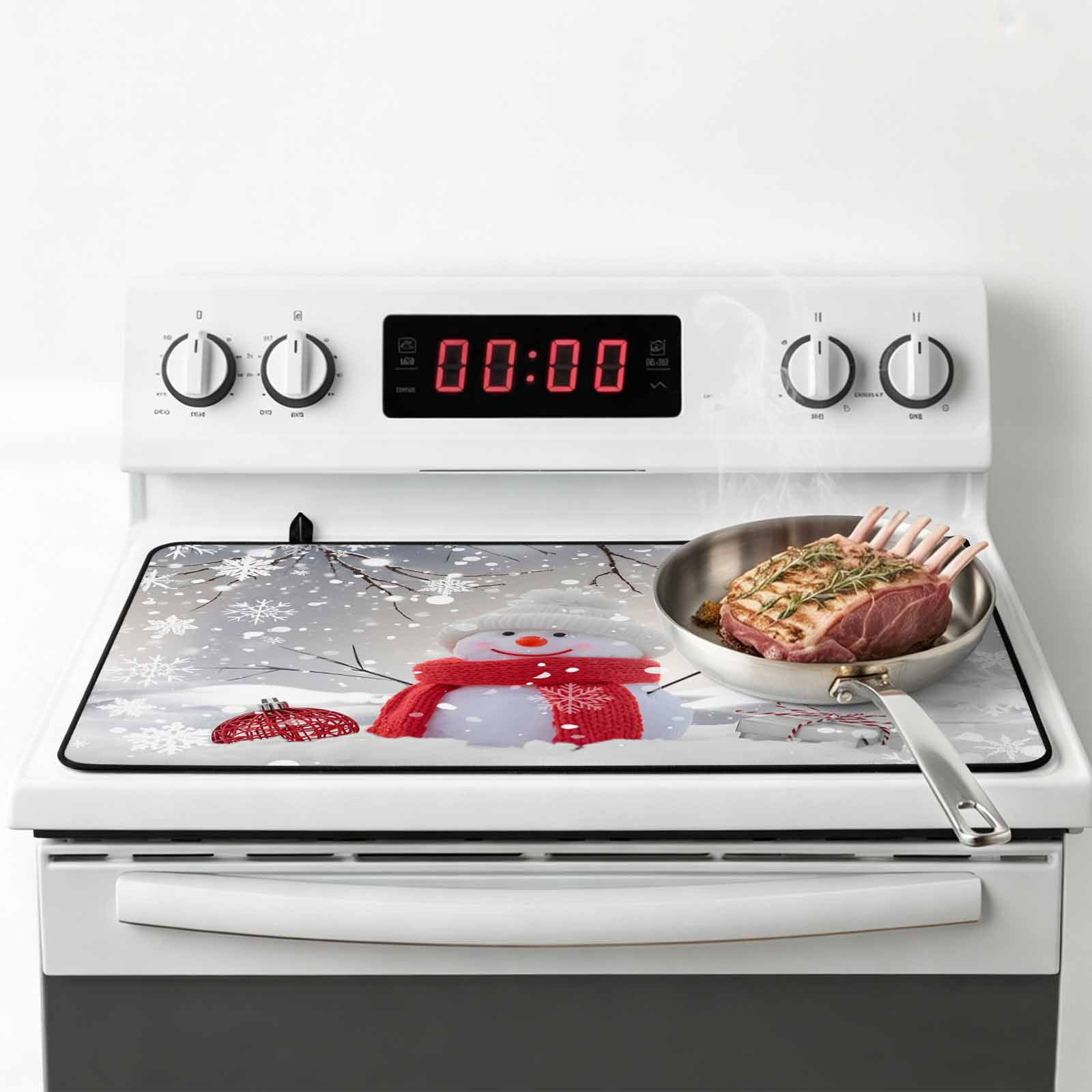 Grey Snowman Christmas Stove Top Cover for Electric Stove, Heat-proof & Non Slip Glass Top Stove Cover Protector, Xmas Snowflake Branch Kitchen Flat Cooktop Rubber Mat 24x21 Inches
