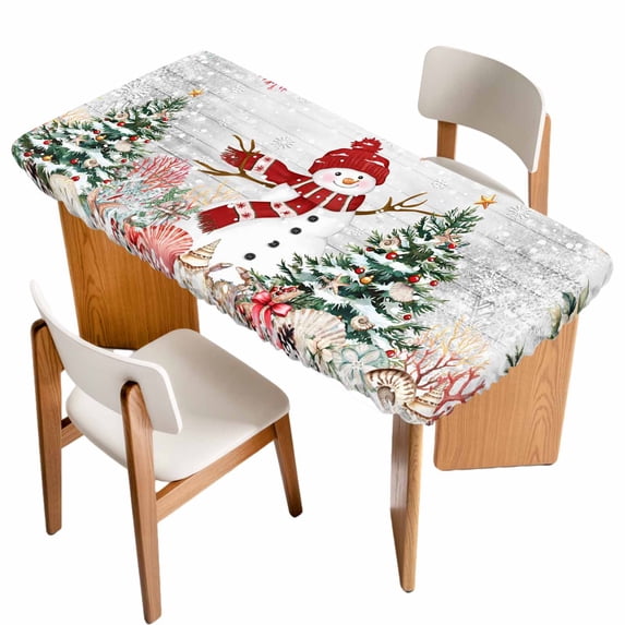 Grey Snowman Christmas Table Cloths for 3 Foot Rectangle Tables, Xmas Tree Coastal Snowflake Starfish Patio Waterproof Elastic Fitted Tablecloths, Washable Rectangular Table Cover for Camping