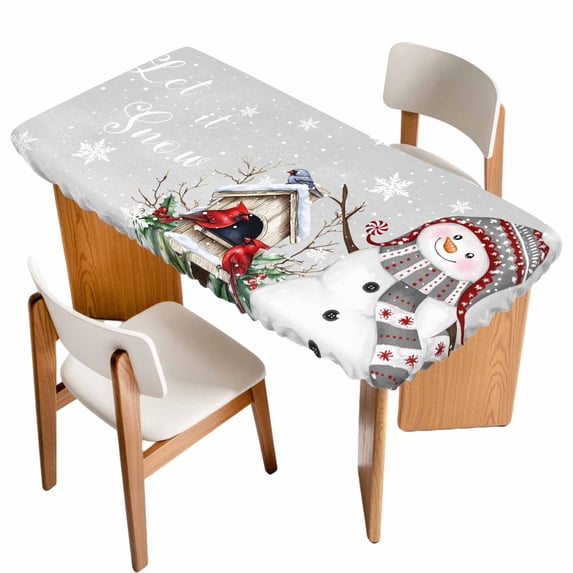 Grey Snowman Christmas Table Cloths for 4 Foot Rectangle Tables, Xmas Snowflake Birds Berry Winter Patio Waterproof Elastic Fitted Tablecloths, Washable Rectangular Table Cover for Camping