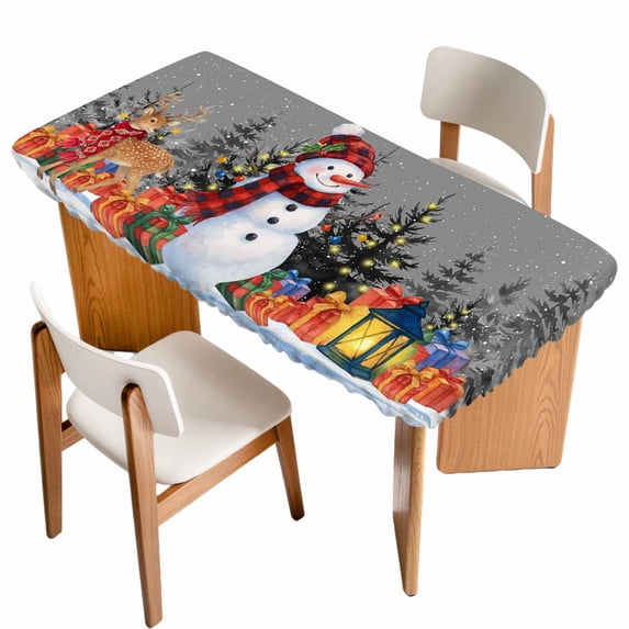Grey Snowman Christmas Table Cloths for 4 Foot Rectangle Tables, Xmas Tree Snowflake Elk Gifts Patio Waterproof Elastic Fitted Tablecloths, Washable Rectangular Table Cover for Camping
