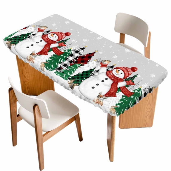 Grey Snowman Christmas Table Cloths for 5 Foot Rectangle Tables, Xmas Tree Snowflake Elk Winter Patio Waterproof Elastic Fitted Tablecloths, Washable Rectangular Table Cover for Camping