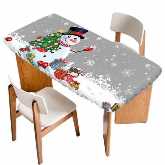Grey Snowman Christmas Table Cloths for 6 Foot Rectangle Tables, Gifts Xmas Tree Winter Snowflake Patio Waterproof Elastic Fitted Tablecloths, Washable Rectangular Table Cover for Camping
