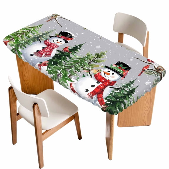 Grey Snowman Christmas Table Cloths for 6 Foot Rectangle Tables, Xmas Tree Snowflake Winter Birds Patio Waterproof Elastic Fitted Tablecloths, Washable Rectangular Table Cover for Camping