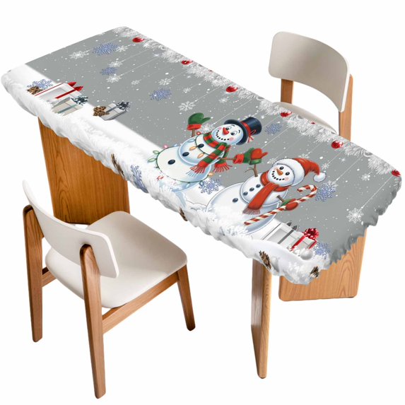Grey Snowman Christmas Table Cloths for 8 Foot Rectangle Tables, Xmas Snowflake Winter Ball Patio Waterproof Elastic Fitted Tablecloths, Washable Rectangular Table Cover for Camping