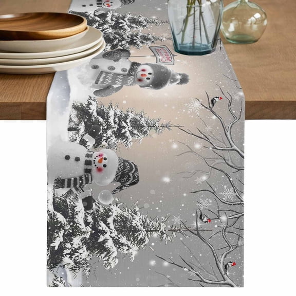 Grey Snowman Christmas Table Runner 48 Inches, Snowflake Xmas Tree Birds Bed Runner Dresser Scarves Tabletop for Indoor Outdoor Parties/Ceremony/Banquet, 13" x 48"