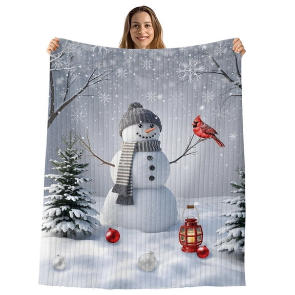 Grey Snowman Christmas Throw Blanket, Flannel Fleece Blanket with Striped Design for Couch, Xmas Tree Snowflake Birds Soft Breathable All Season Plush Blankets for Sofa Office Chair 30"x40"