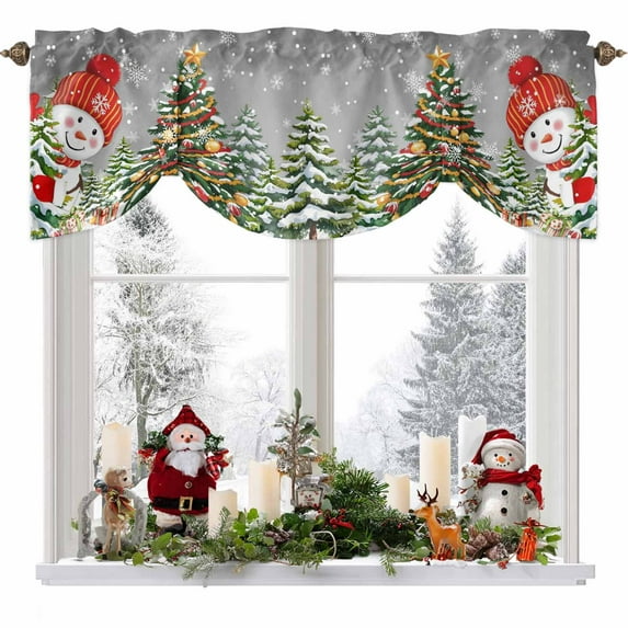 Grey Snowman Christmas Tree Tie Up Valances Curtain, Vintage Xmas Gift Winter Snowflake Adjustable Rod Pocket Short Window Treatment Tie Up Curtains Valances for Kitchen Living Room Bathroom 54x18 In