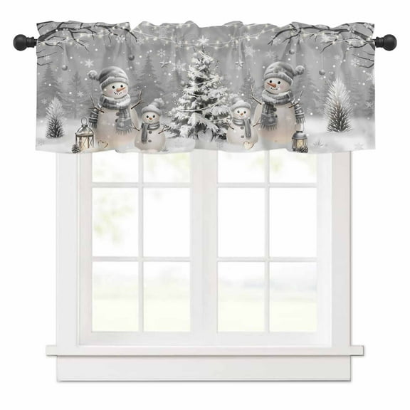 Grey Snowman Christmas Valances for Windows Xmas Tree Snowflake Balls Winter Rod Pocket Curtain Valance Window Treatment Short Curtains for Kitchen Living Room, 54"x18"