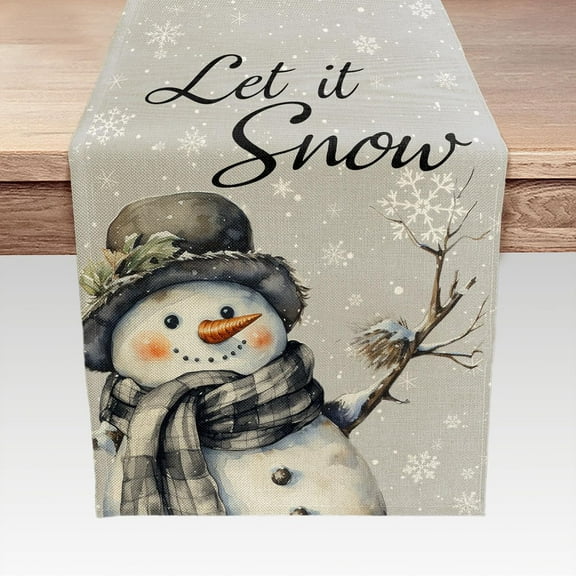 Grey Snowman Snowflake Christmas Table Runner, Seasonal Winter Kitchen Dining Table Decorations for Home Party Decor 13 x 48 Inches