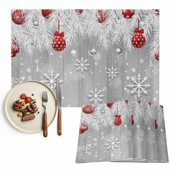 Grey Snowy Christmas Placemats Set of 8, Red Christmas Balls Winter Table Mats Washable Heat-Insulation Non-Slip Place Mats for Kitchen Dinner Table Indoor Outdoor Decor,13x19 Inch