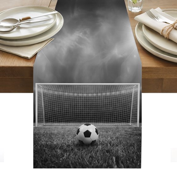 Grey Soccer Ball Table Runner Foggy Dramatic Lighting Grass Tablerunners 13 x 36 Inch, Table Decorations Tabletop Scarf for Summer Gathering Holiday Farmhouse Kitchen Dining Decor