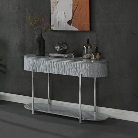 Grey Sofa Table Boasting High Gloss & Chrome, Bottom Shelf Included
